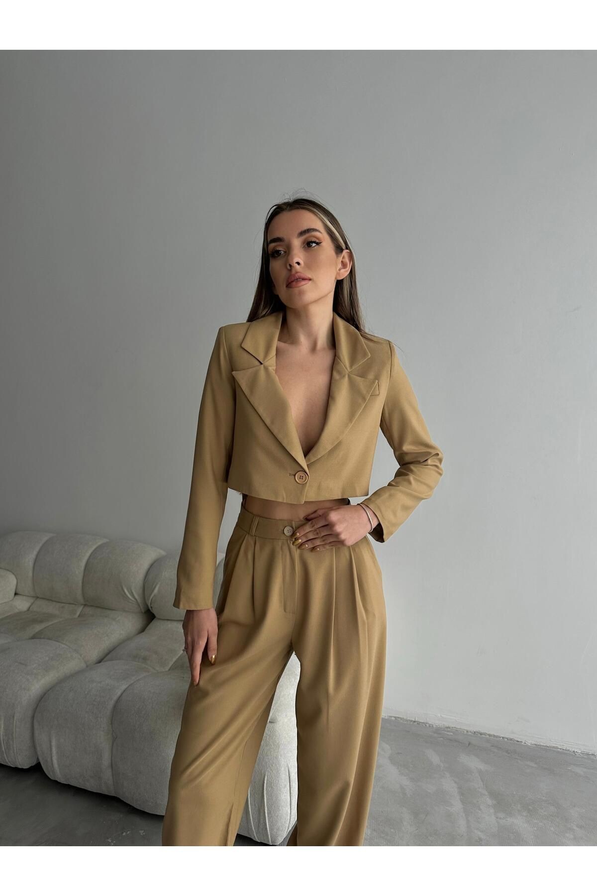 Tek Düğme Crop Blazer Vizon