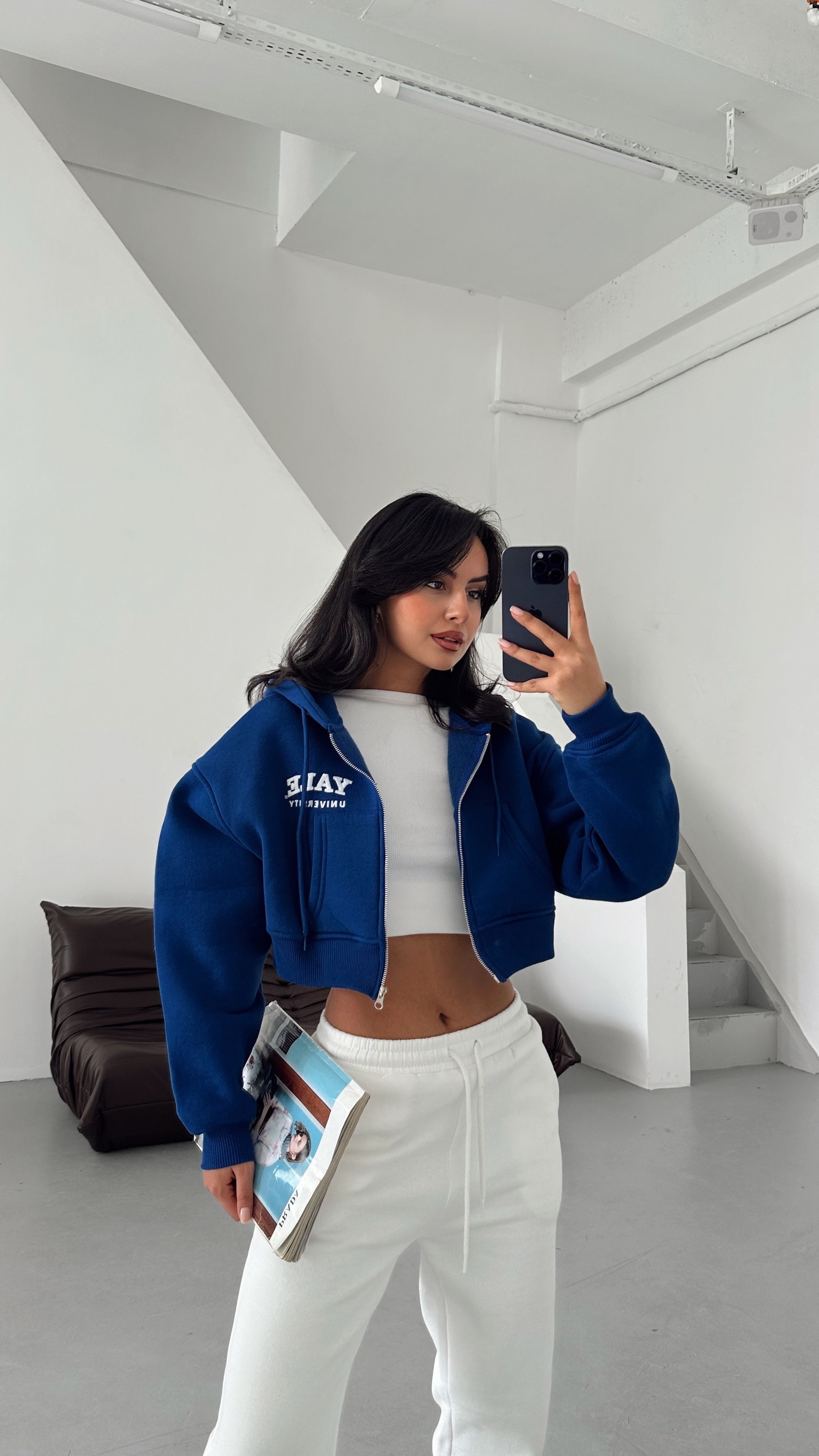 Fermuarlı Crop Sweat - Saks Mavi