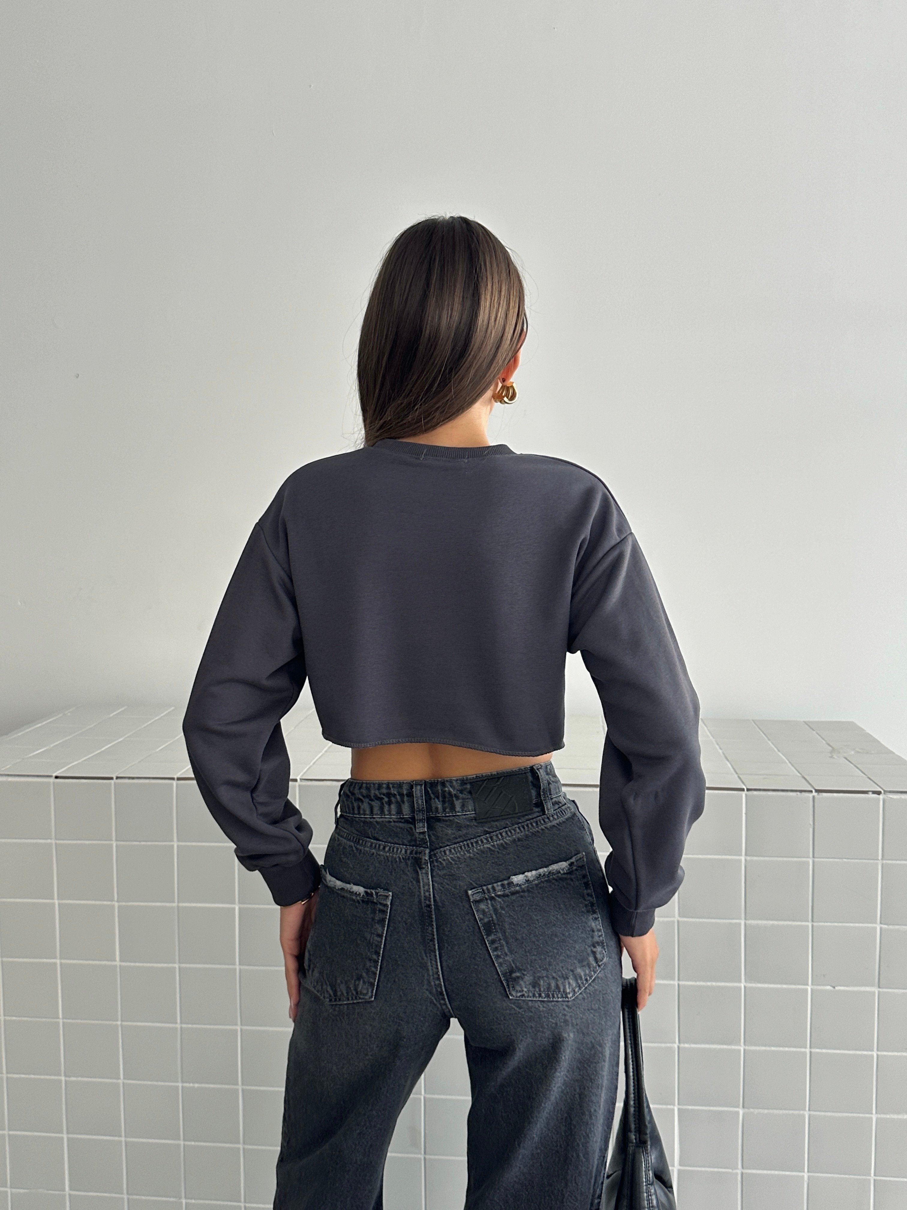 Dikişsiz Crop Sweat - Füme