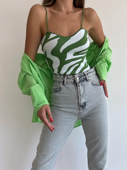 İp Askı Zebra Desenli Triko Bluz Yeşil-Beyaz