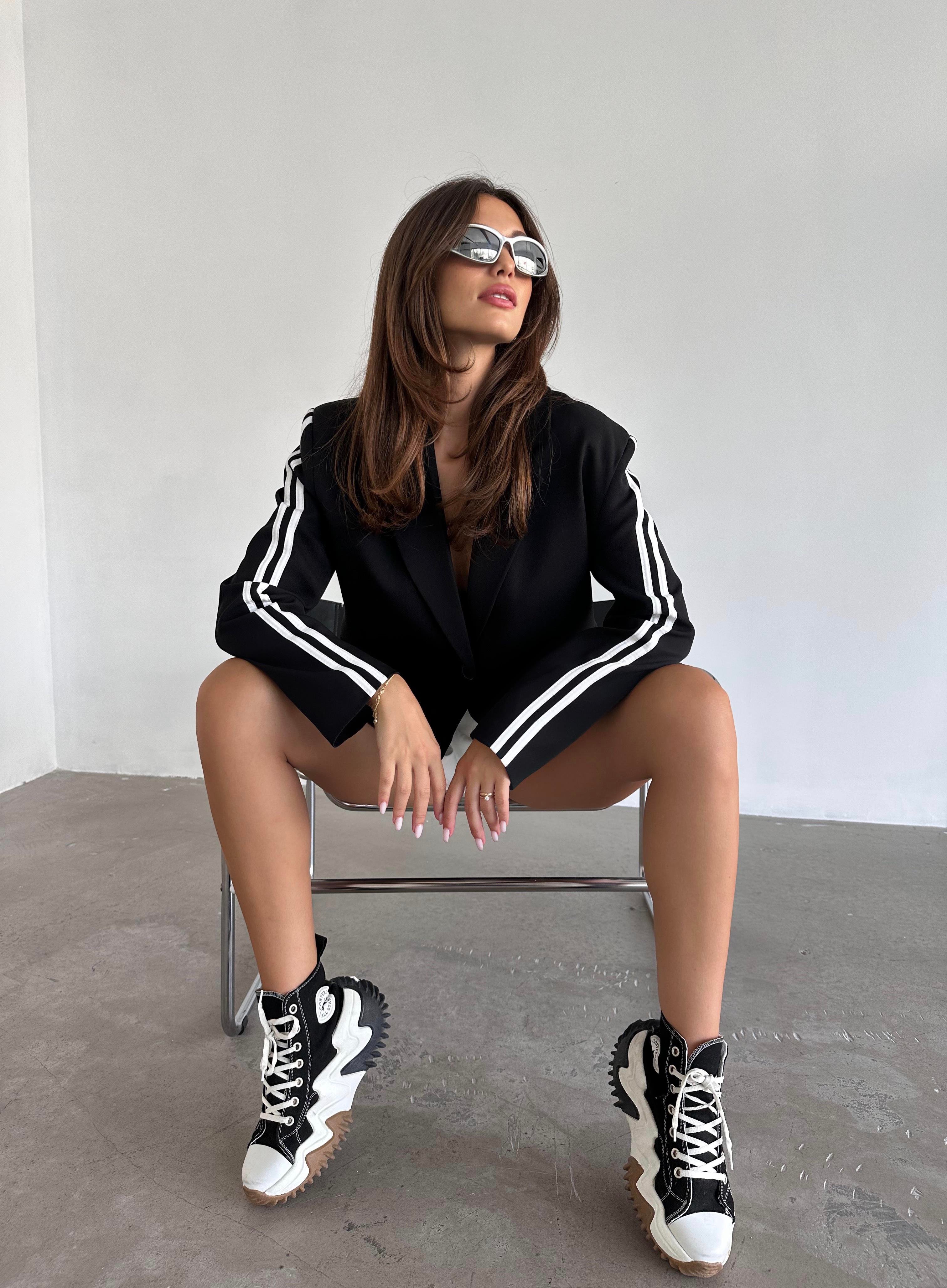 Kol Şeritli Oversize Blazer Ceket Siyah
