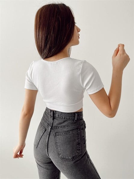 Ön Halka Kısa Kol Crop Beyaz