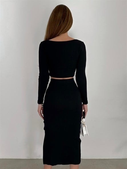 Kare Yaka Fitilli İkili Crop Takım Siyah