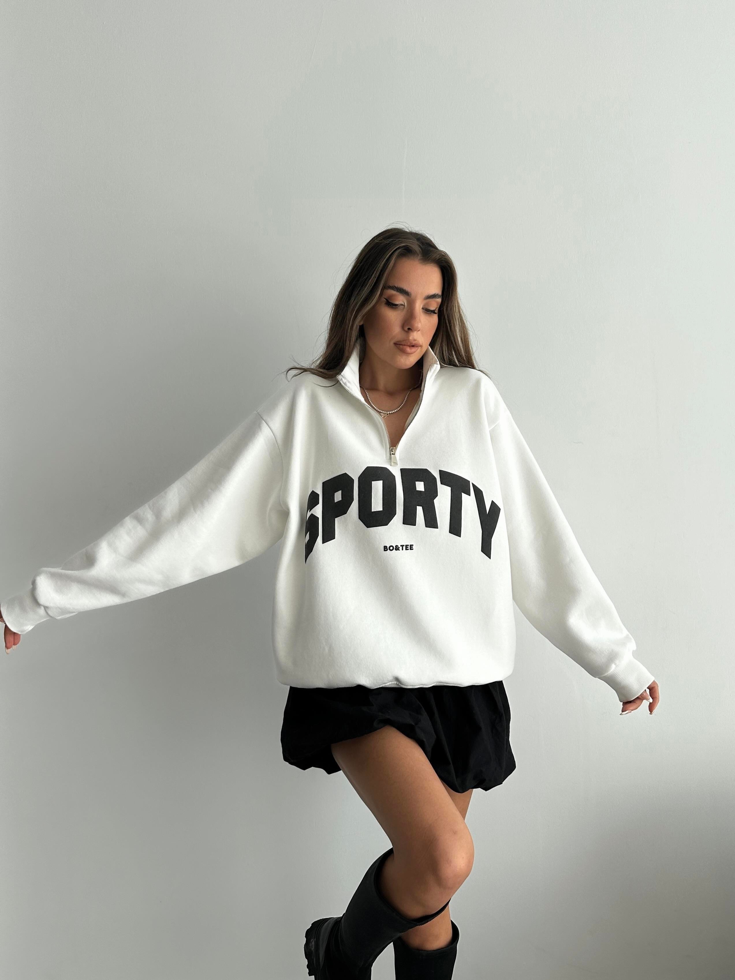 Yarım Fermuar Sporty Sweat Beyaz