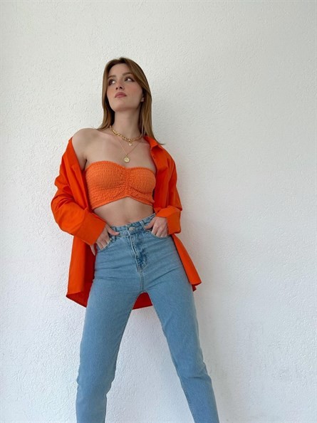 Drapeli Gofre Straplez Crop Turuncu