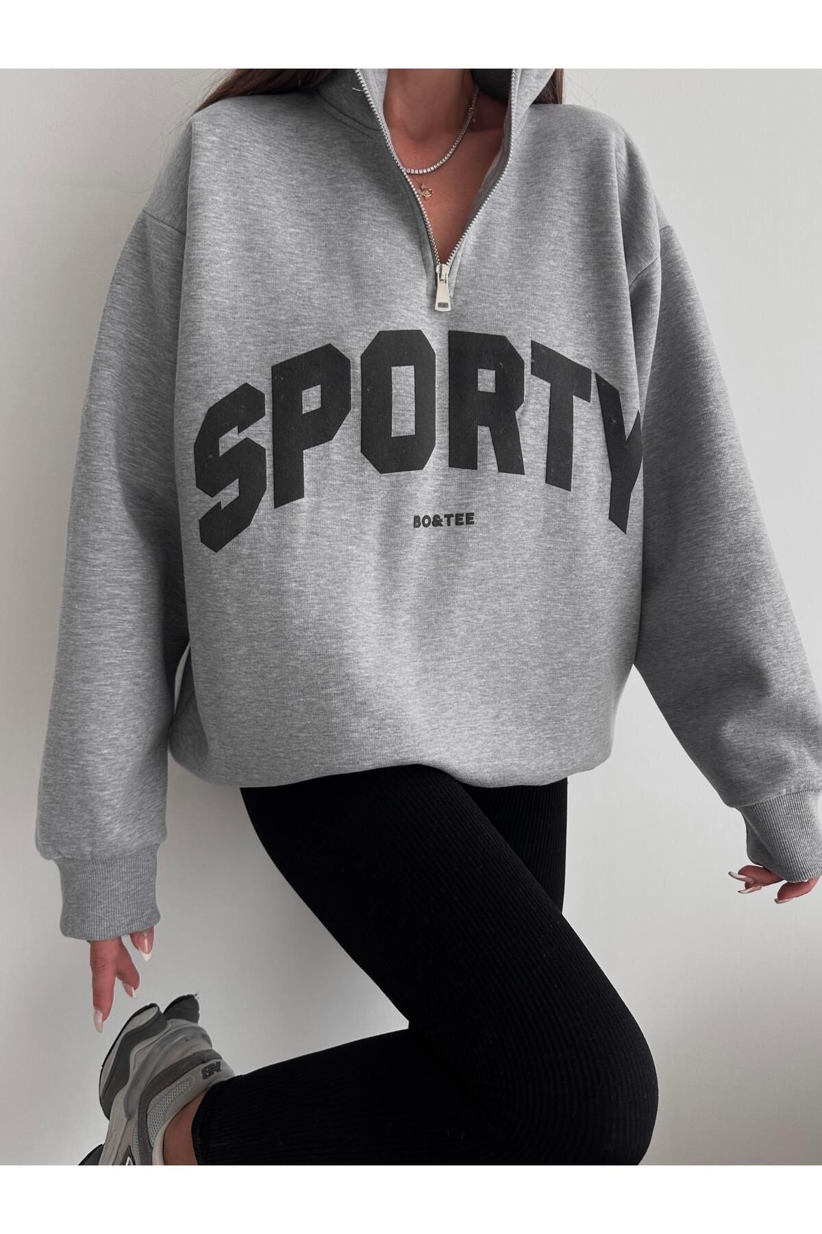 Yarım Fermuar Sporty Sweat Gri Melanj