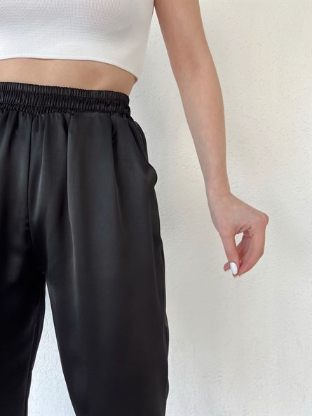 Bel Lastik Saten Jogger Pantolon Siyah