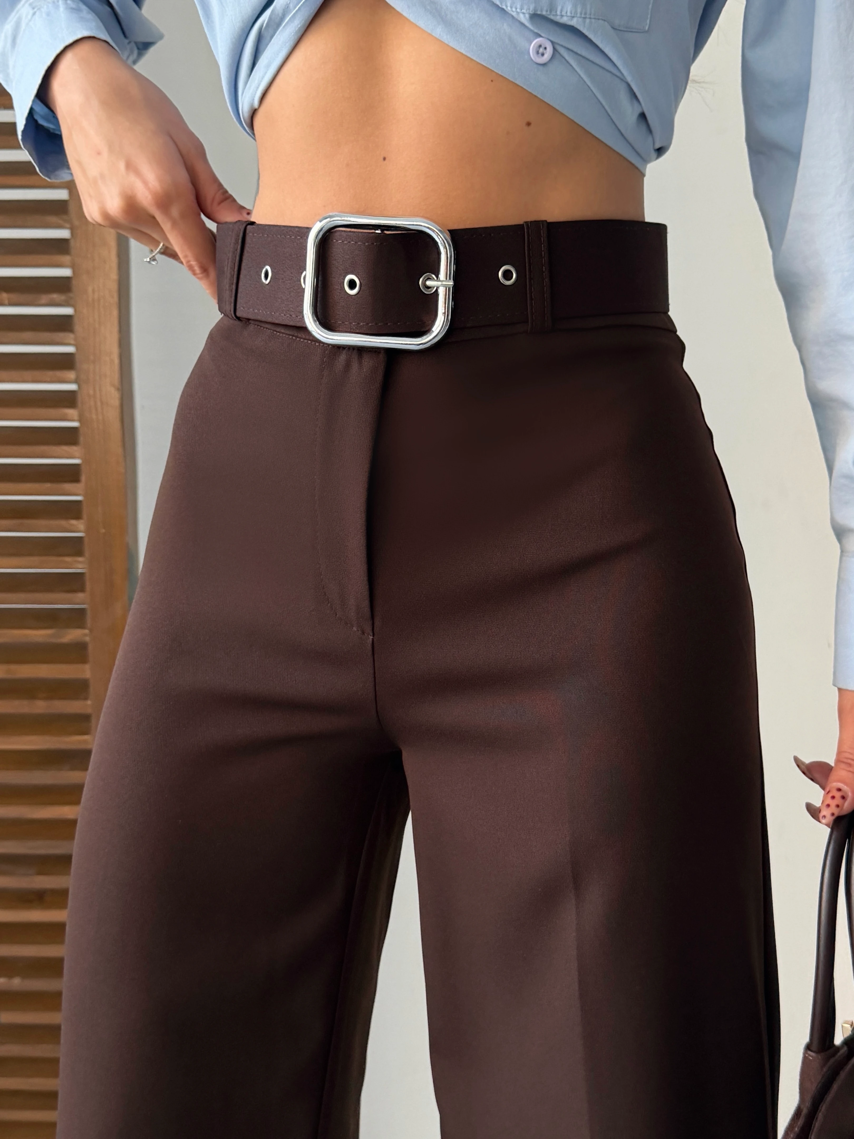 Kemerli Palazzo Pantolon  - Kahve