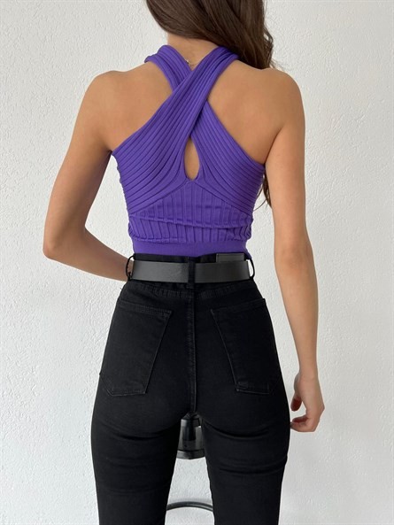 Ön Çapraz Fitilli Triko Crop Mor