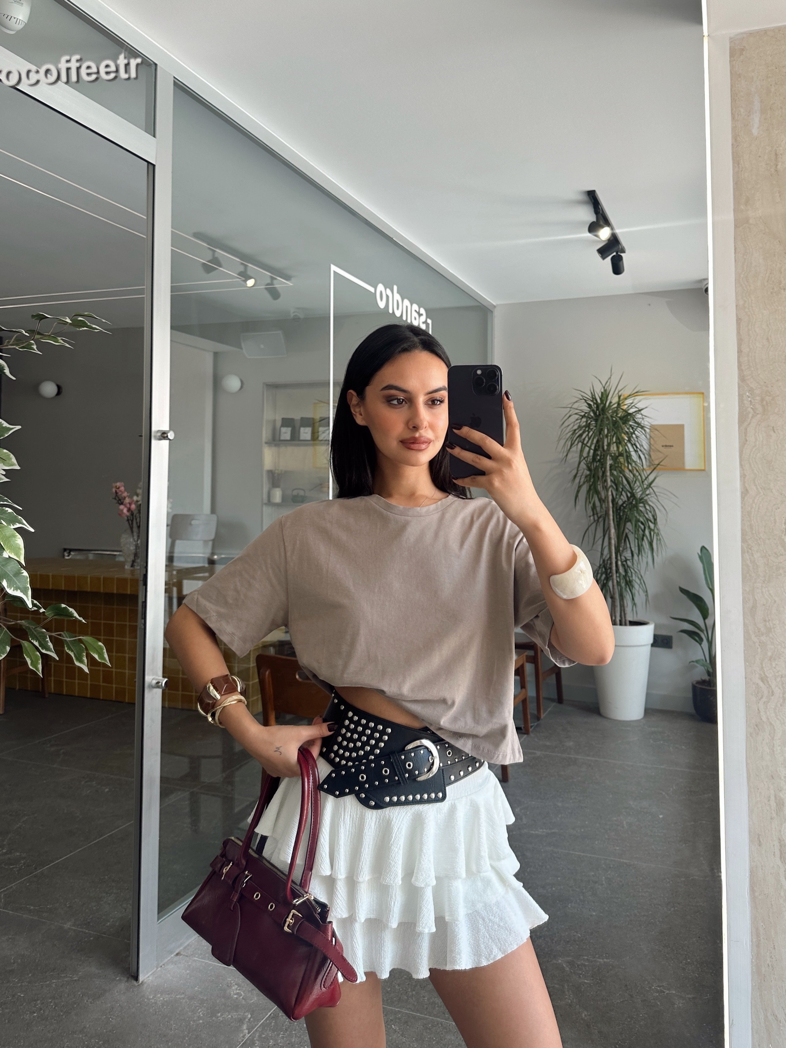 Düz Kısa Kol Crop Basic - Vizon