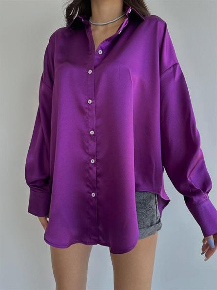 Oversize Saten Gömlek Mor