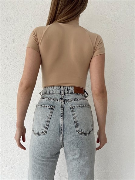 Fermuarlı Dik Yaka Sandy Bodysuit Bej