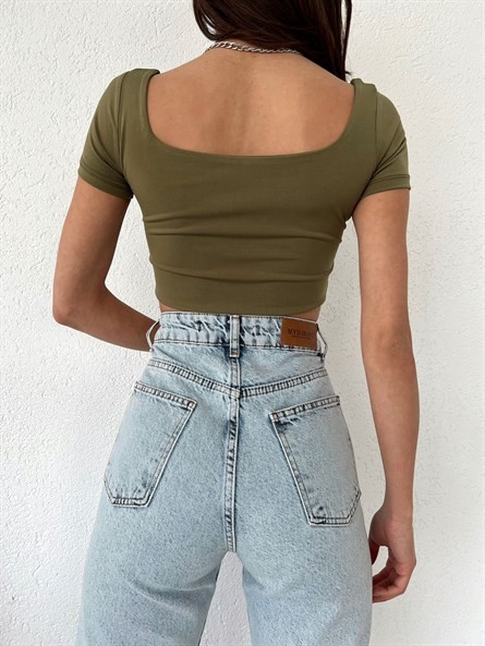 Geniş Yaka Sandy Croptop Haki Yeşil