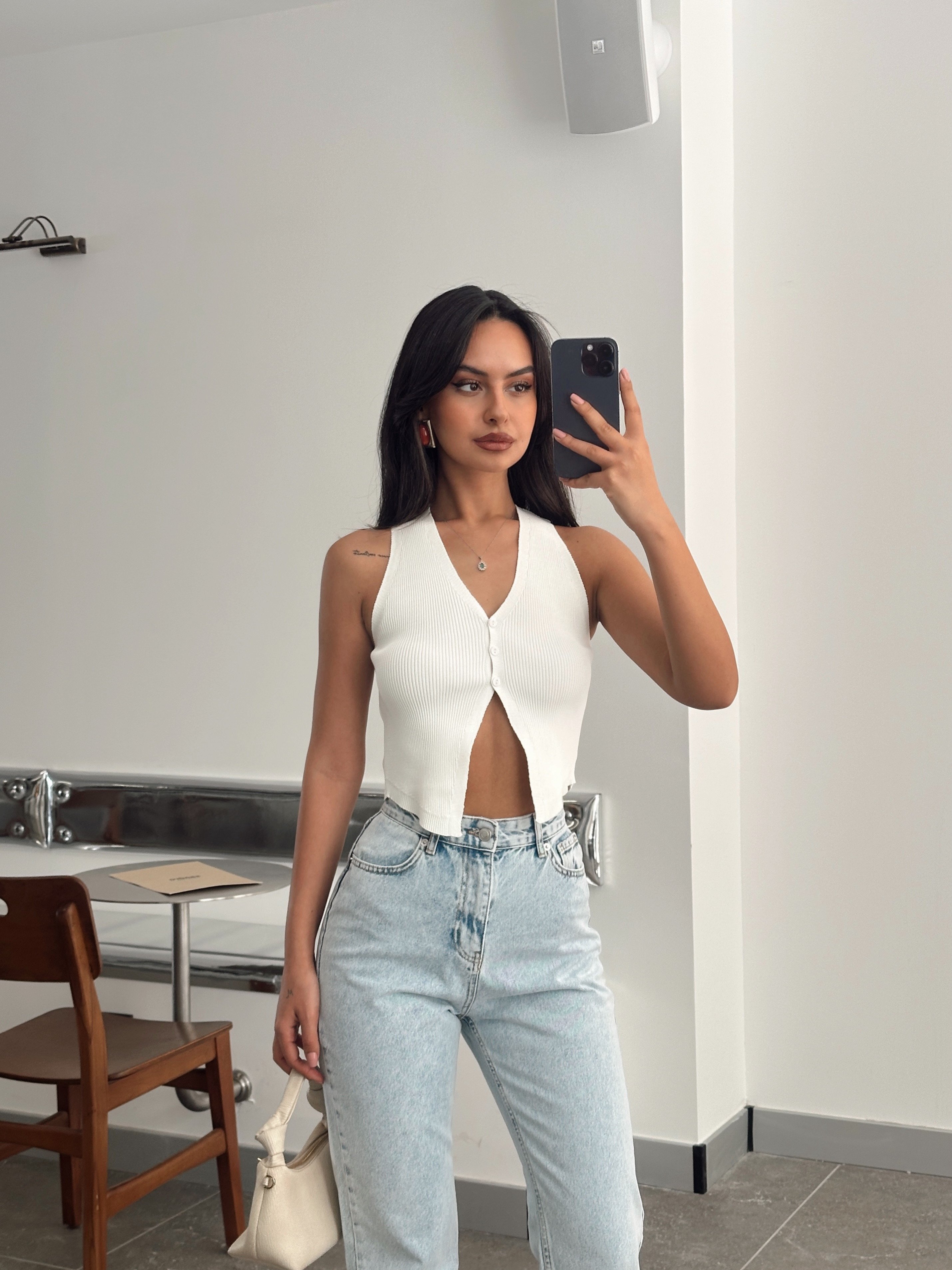 Düğmeli Crop Yelek - Ekru