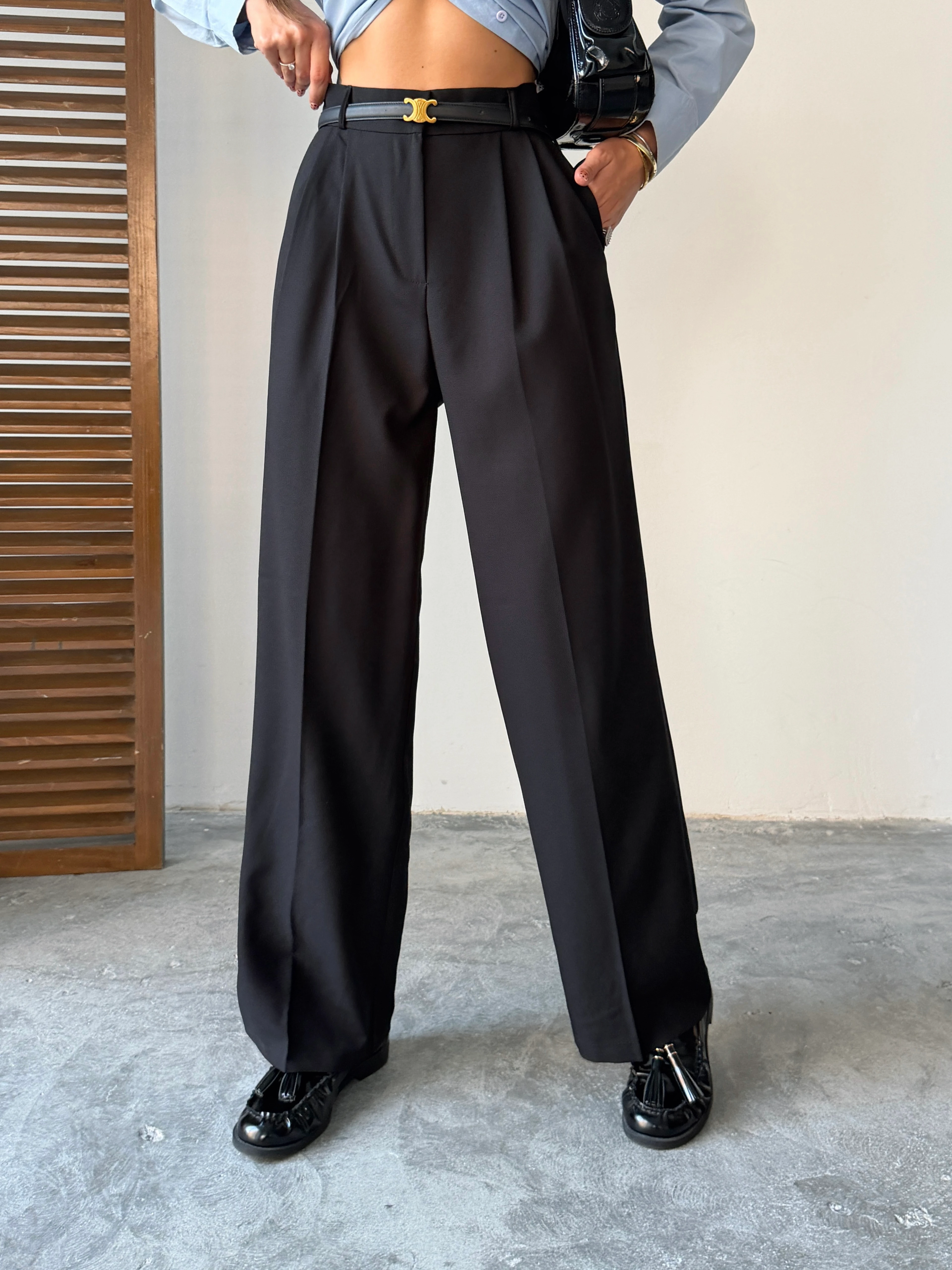 Arka Beli Lastikli Palazzo Pantolon  - Black