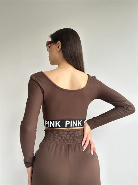 Geniş Yaka Fitilli Crop Bluz Kahverengi