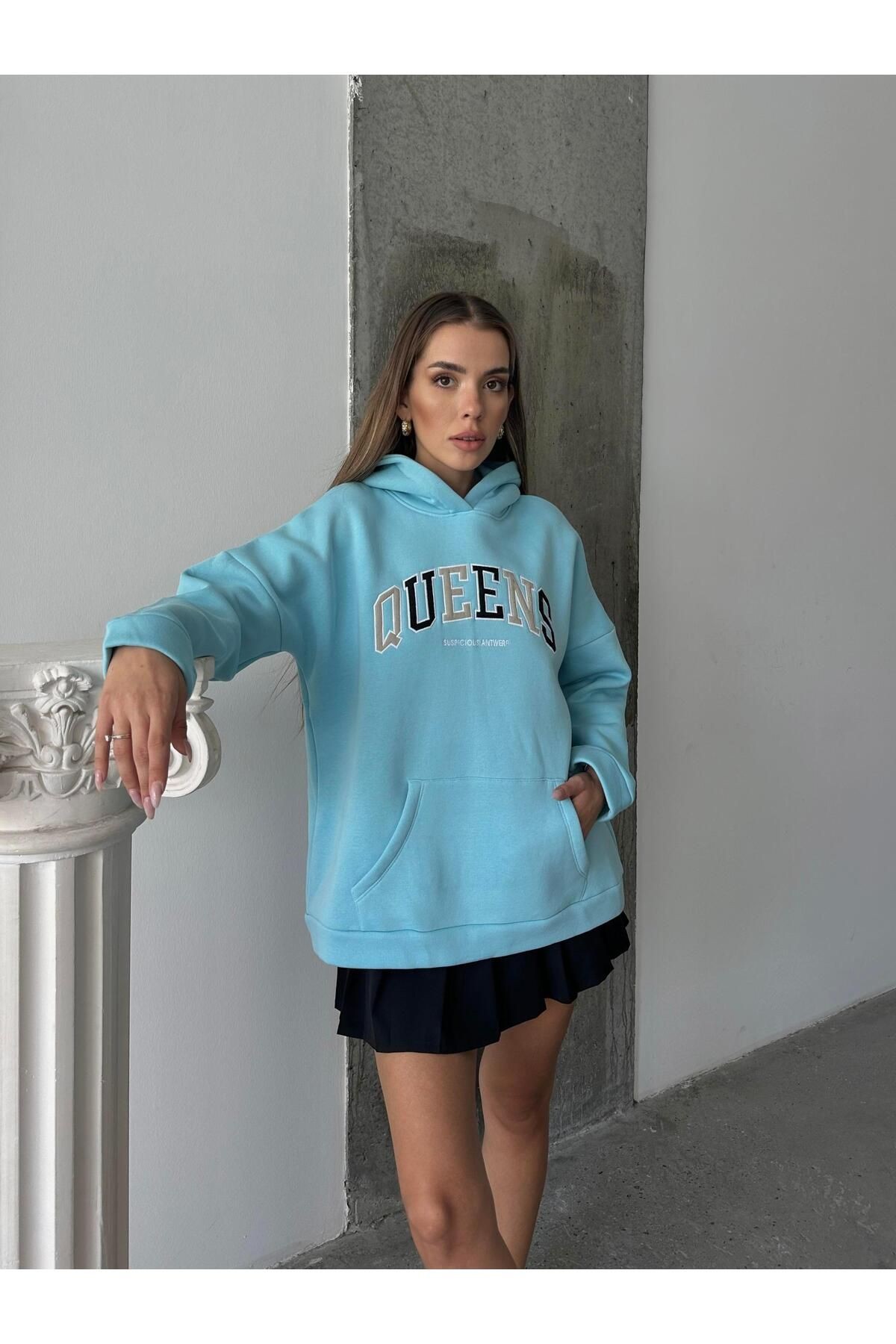 Queens Üç İplik Kapüşonlu Oversize Sweat Mavi