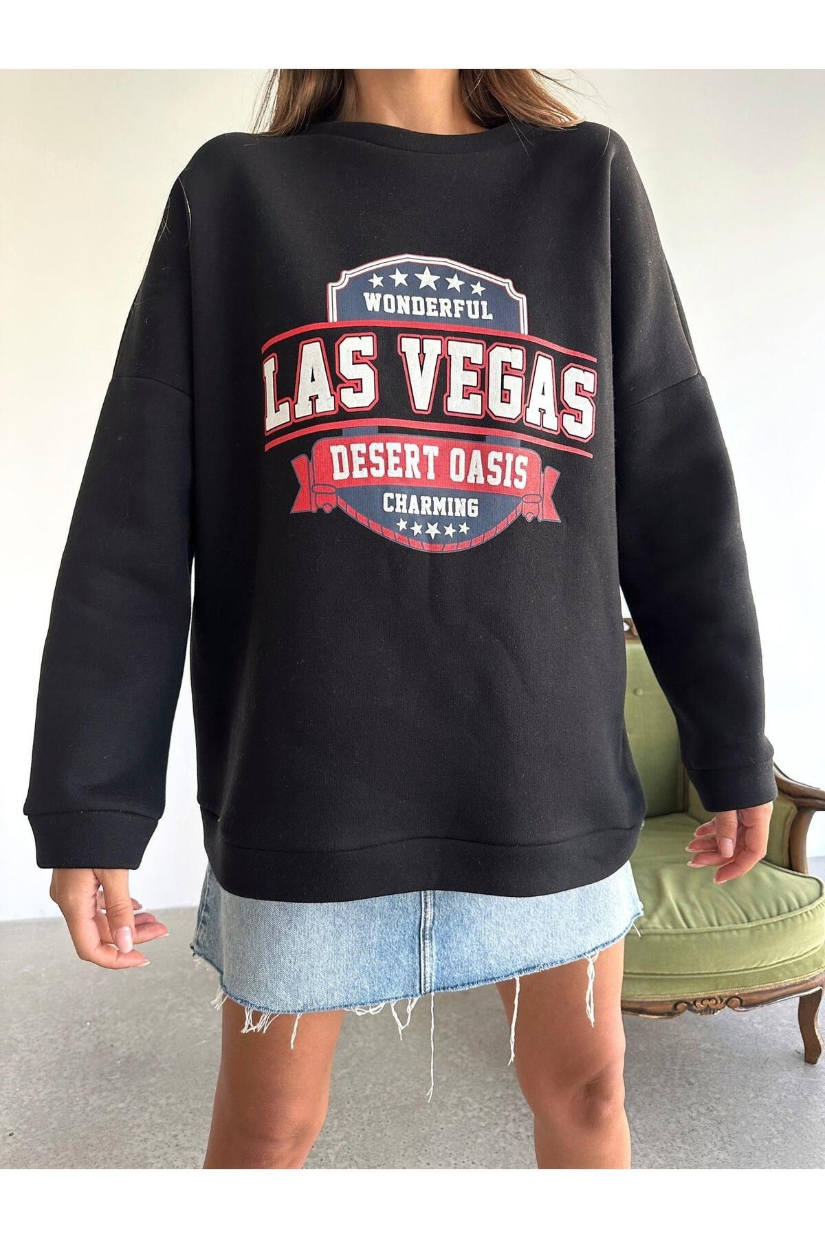 Las Vegas Üç İplik Oversize Sweat Siyah