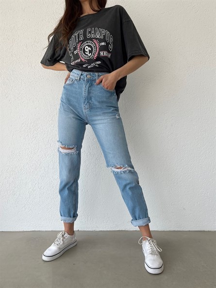 Yırtık Detay Yüksek Bel Boyfriend Jean Mavi