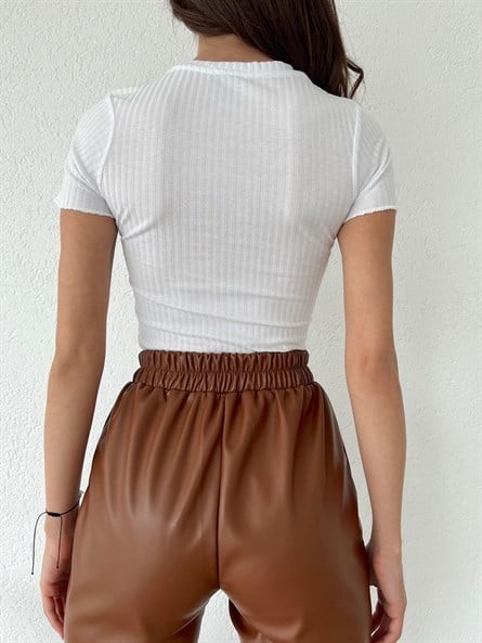 Bisiklet Yaka Fitilli Crop Beyaz