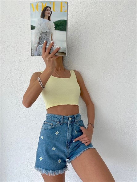 Kalın Askı Basic Crop Top Limon Sarısı