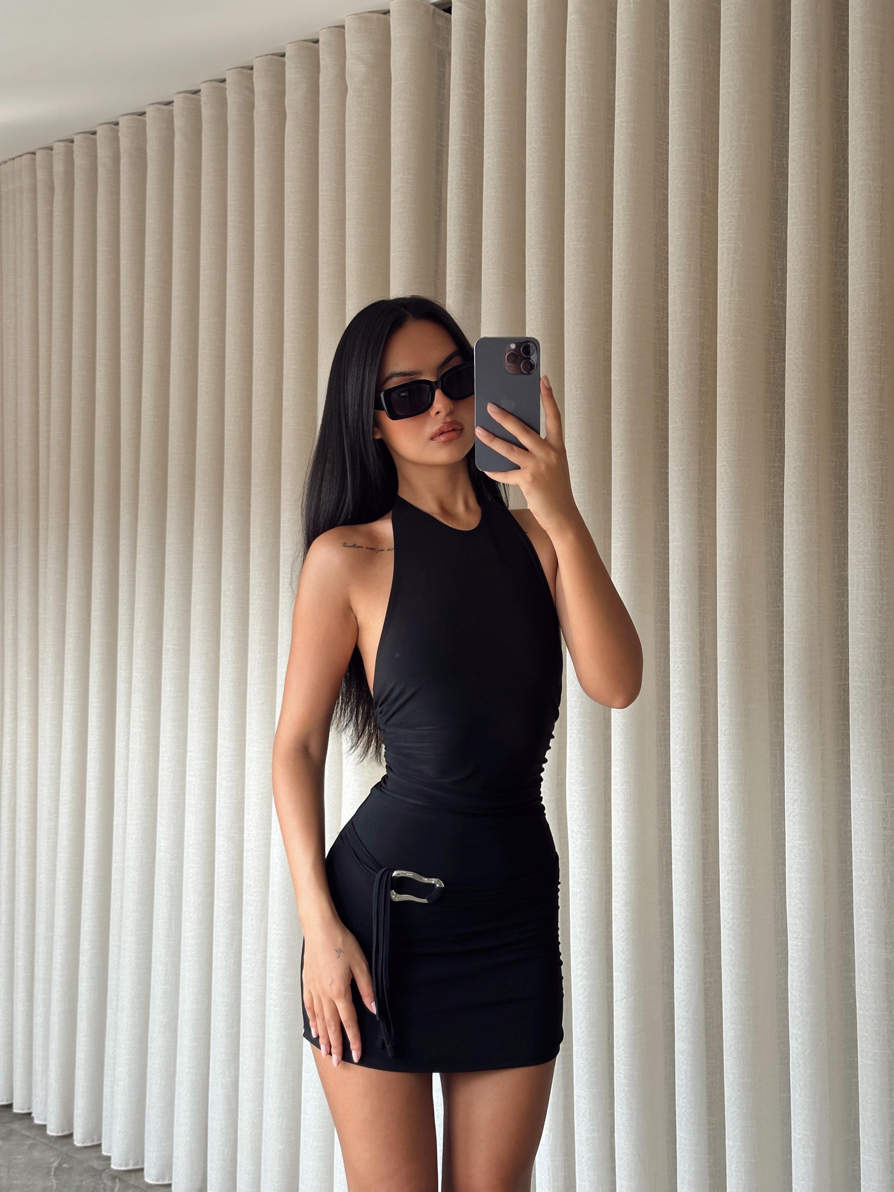 Toka Detay Mini Elbise  - Black