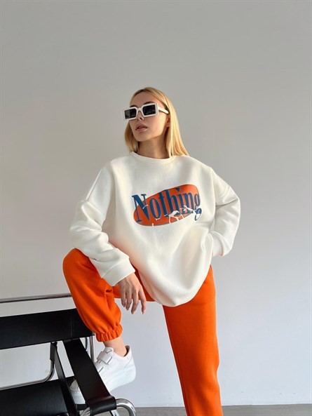 Nothing Baskı 3 İplik Şardonlu Sweatshirt Beyaz