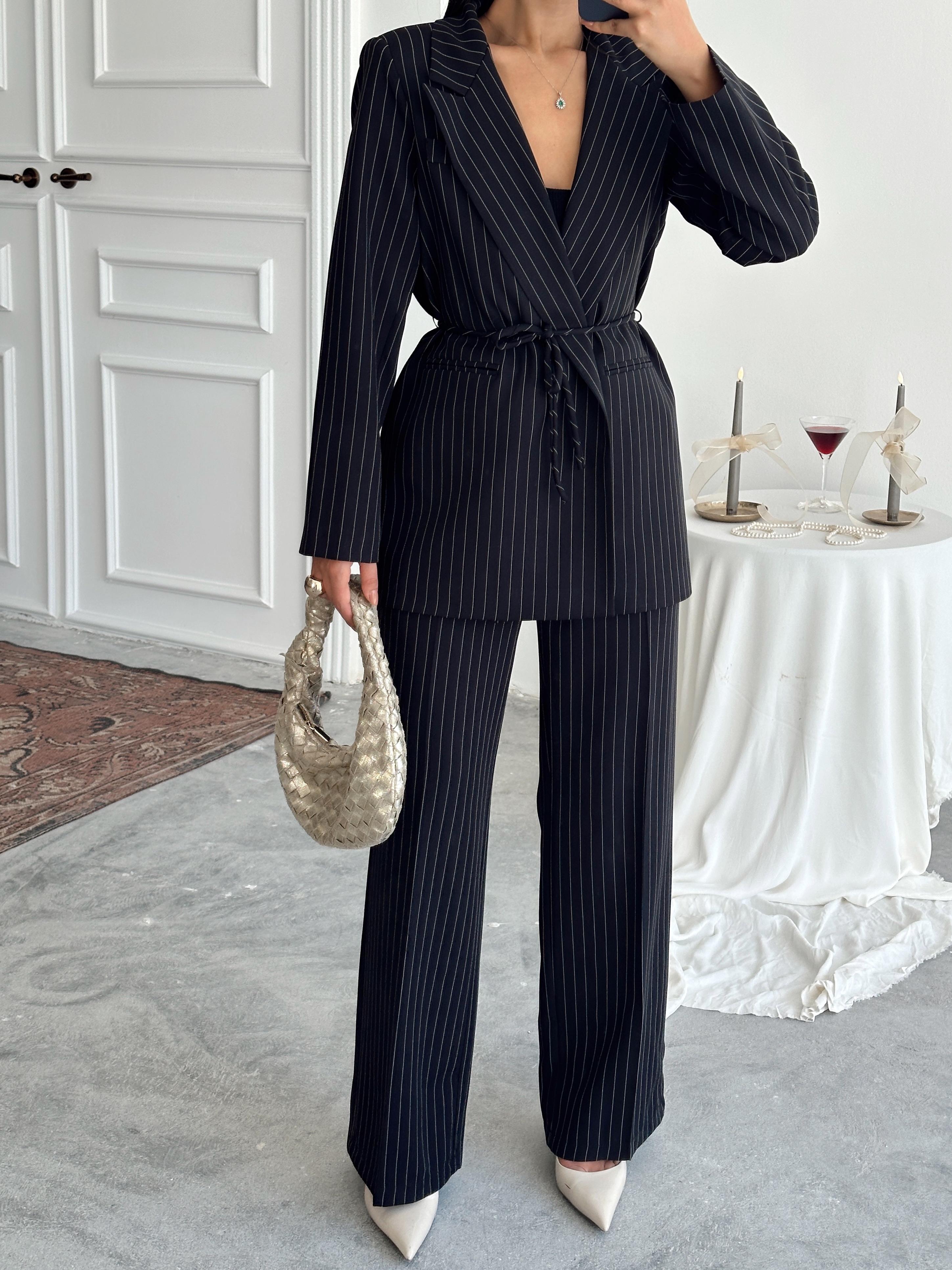 Bel Bağlama Line Blazer Ceket - Siyah