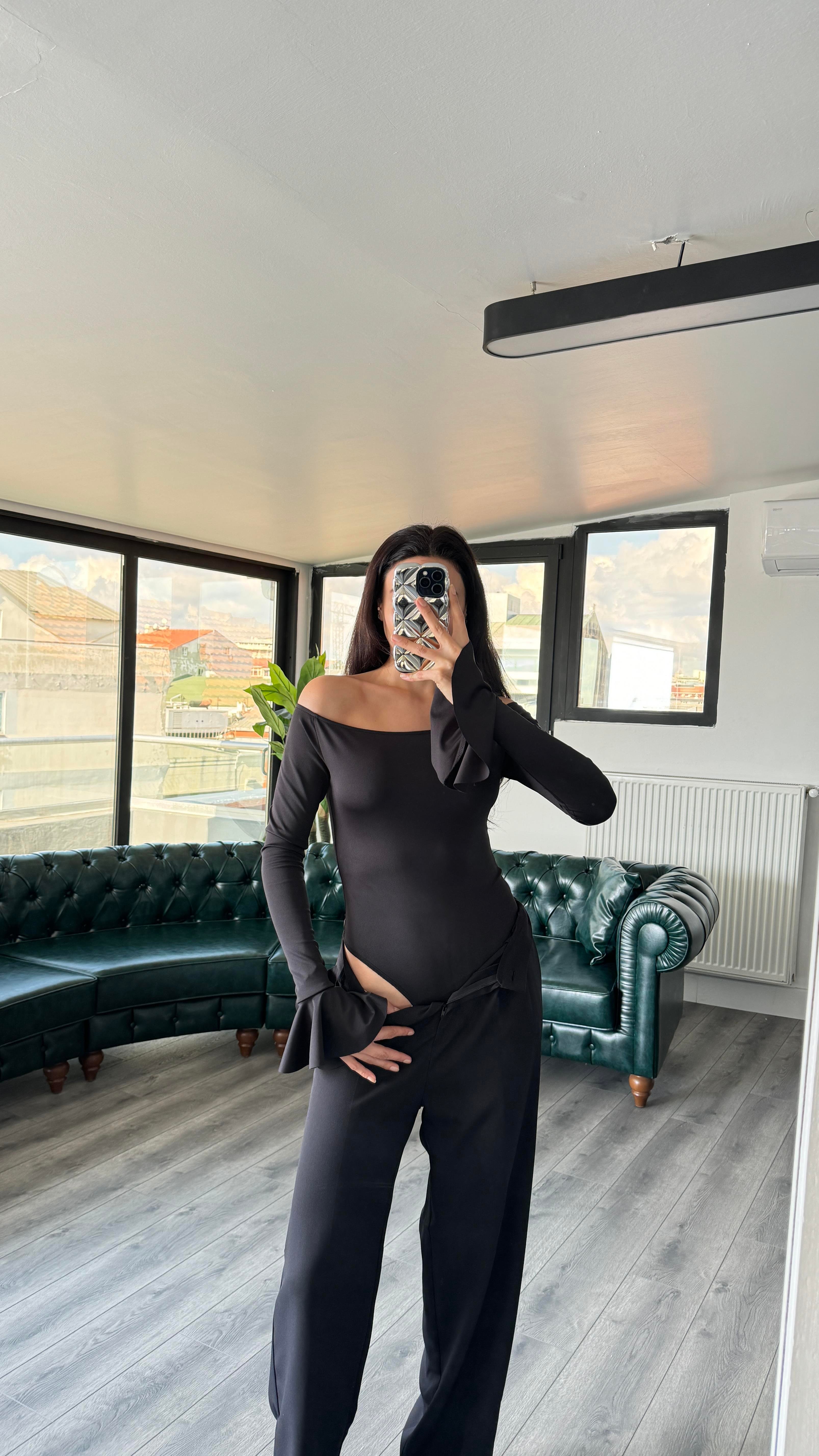 Kollar Bağcıklı Bodysuit Füme