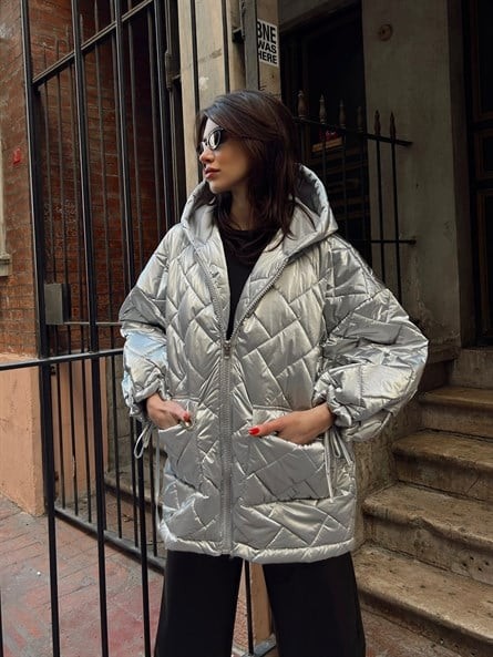 Shine Kapüşonlu Oversize Mont Metalik Gri