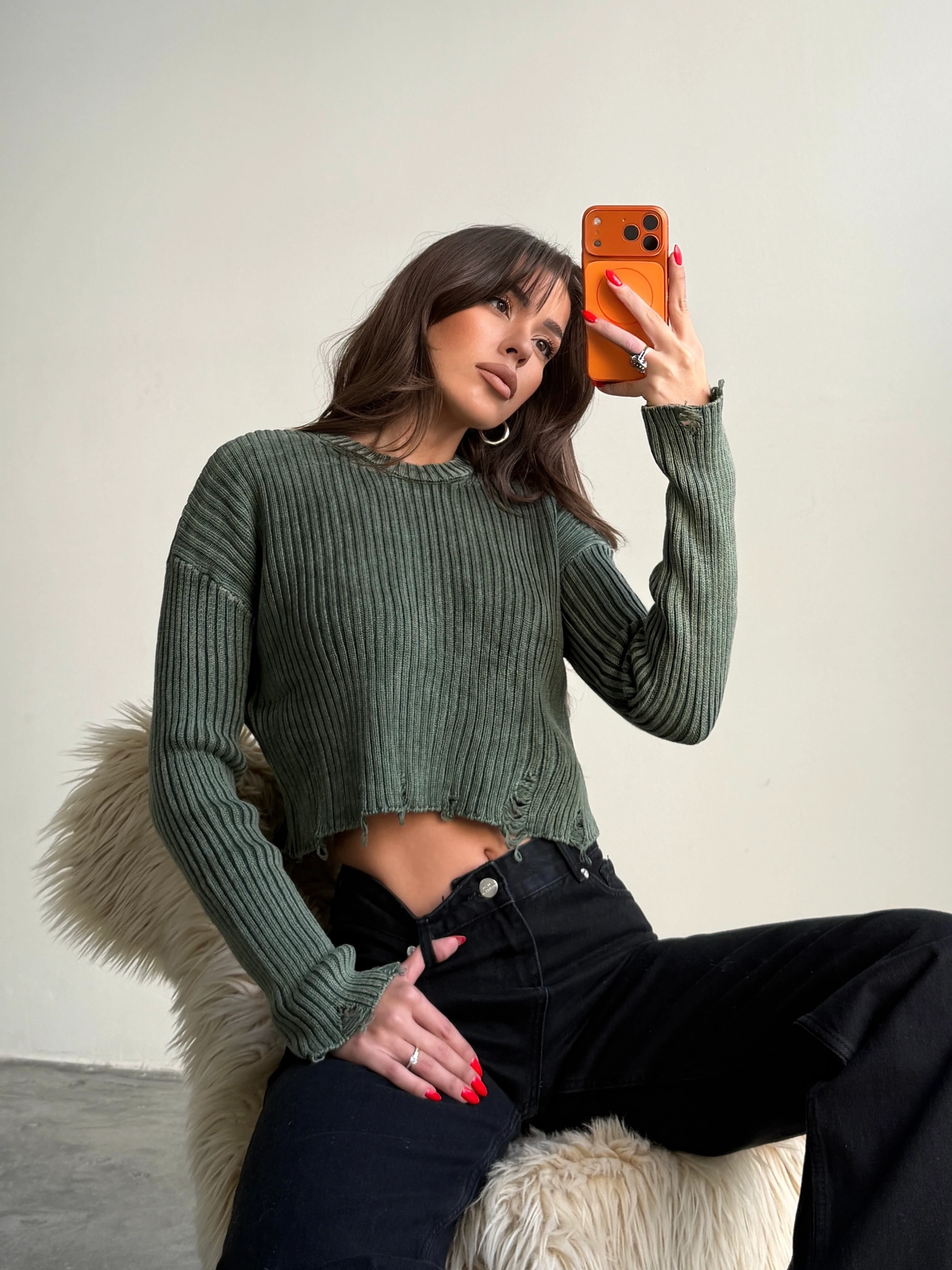 Yırtık Detay Crop Triko  - Haki