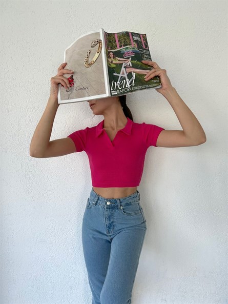 Polo Yaka Kaşkorse Crop Pembe