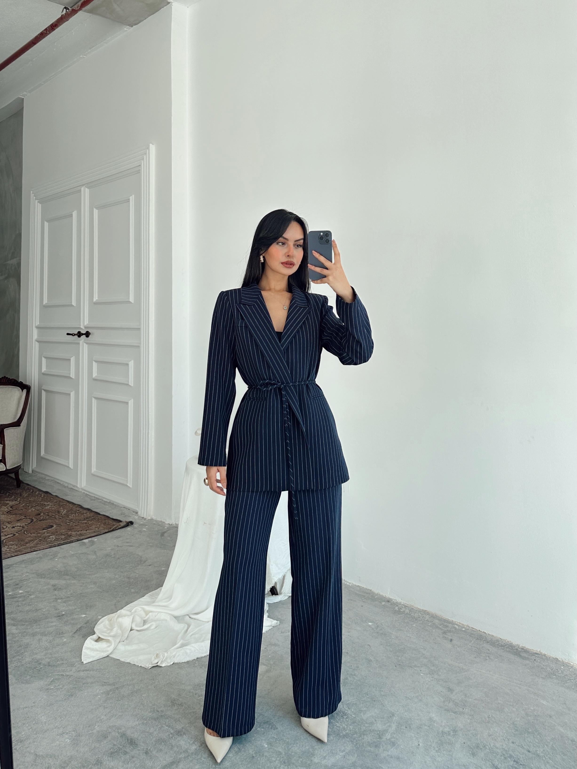 Bel Bağlama Line Blazer Ceket - Lacivert