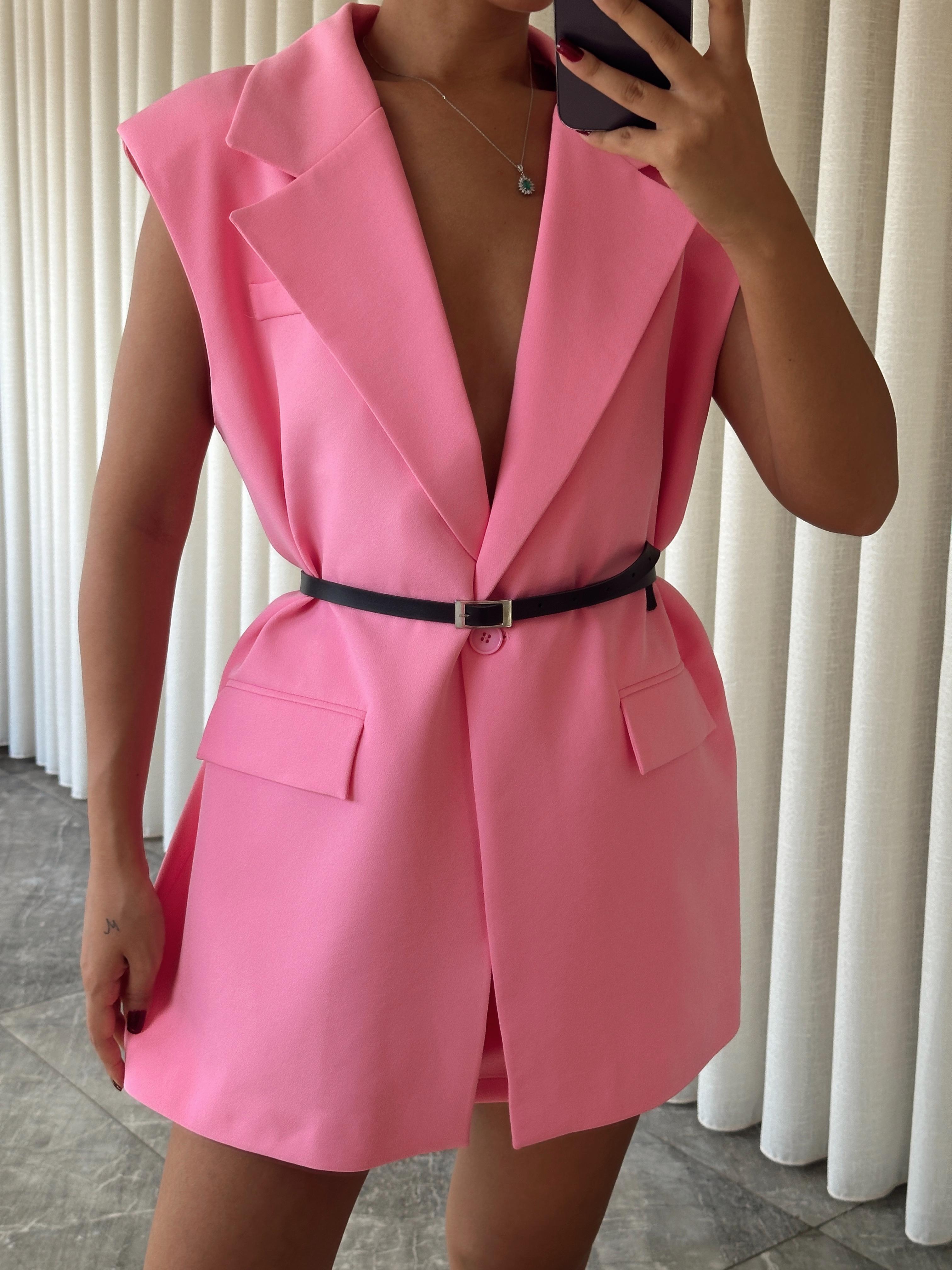 Deri Kemerli Yelek - Pembe