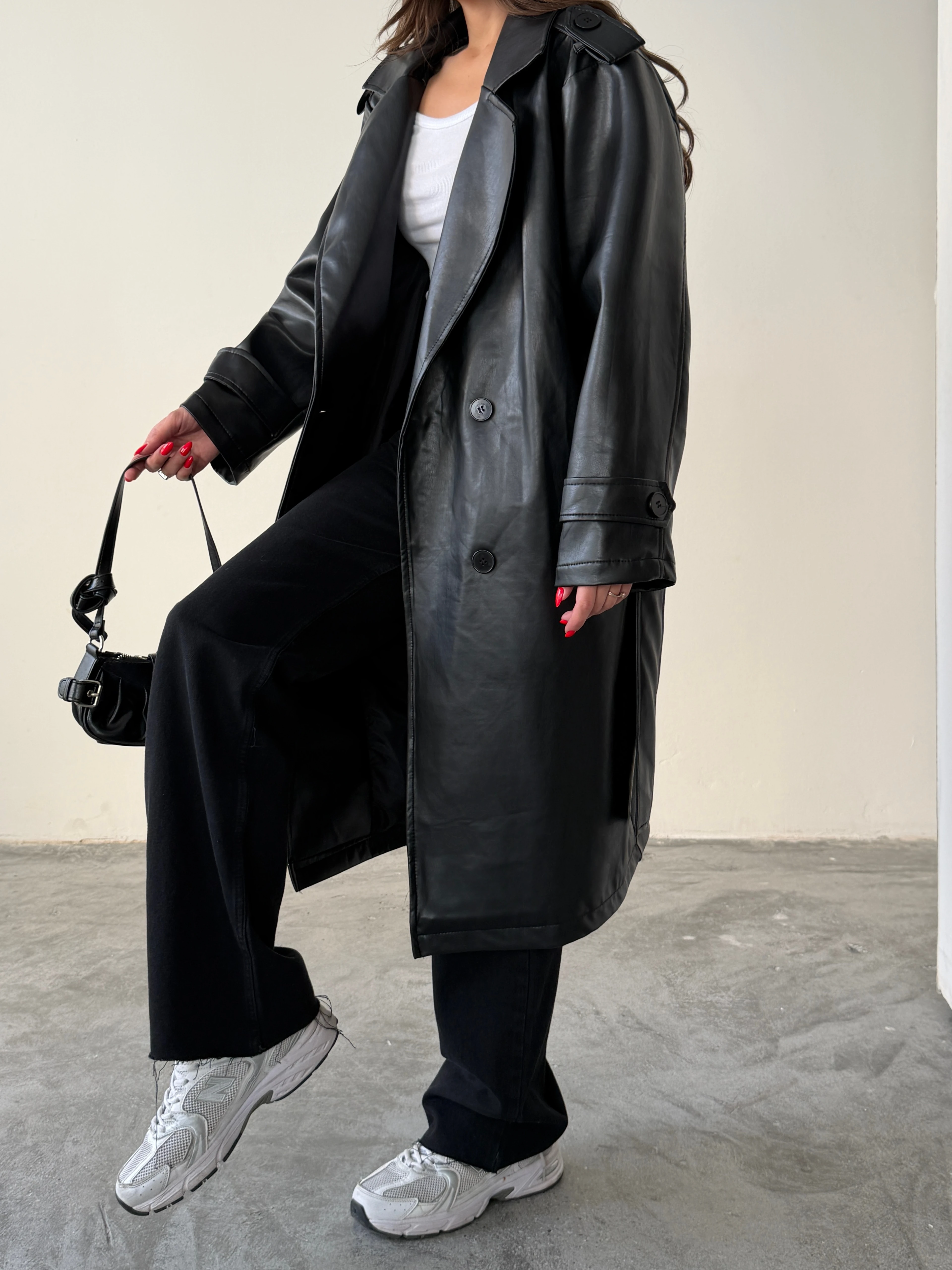 Apolet Detaylı Deri Trençkot - Black