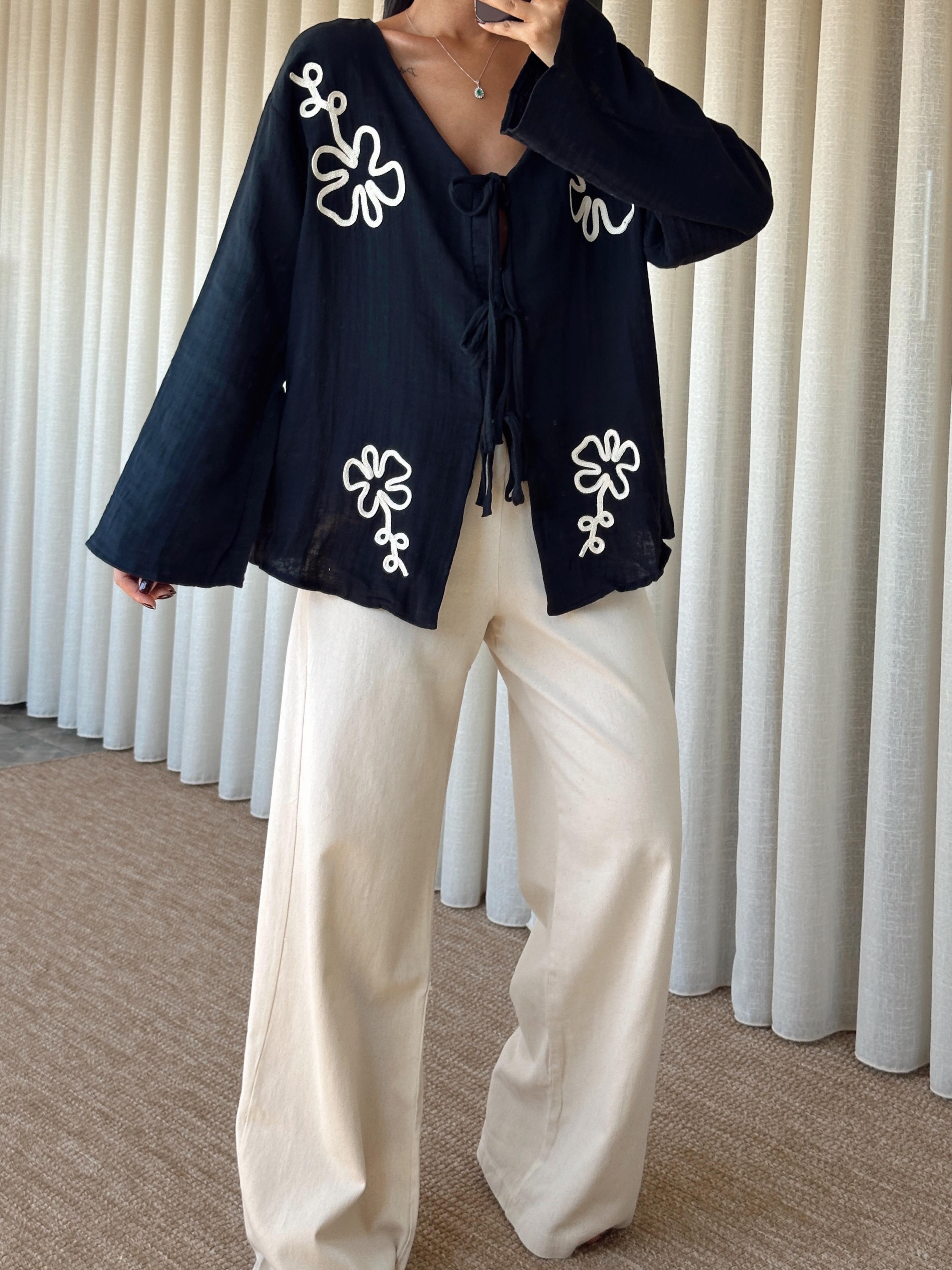 Nakışlı Kimono Takım  - Siyah