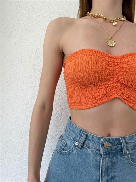 Drapeli Gofre Straplez Crop Turuncu