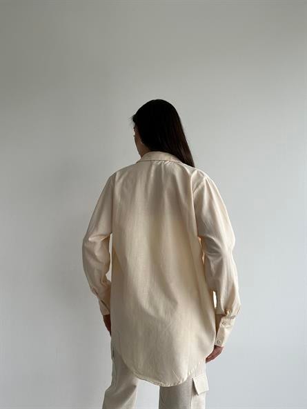 Kol Çift Düğme Oversize Poplin Gömlek Krem