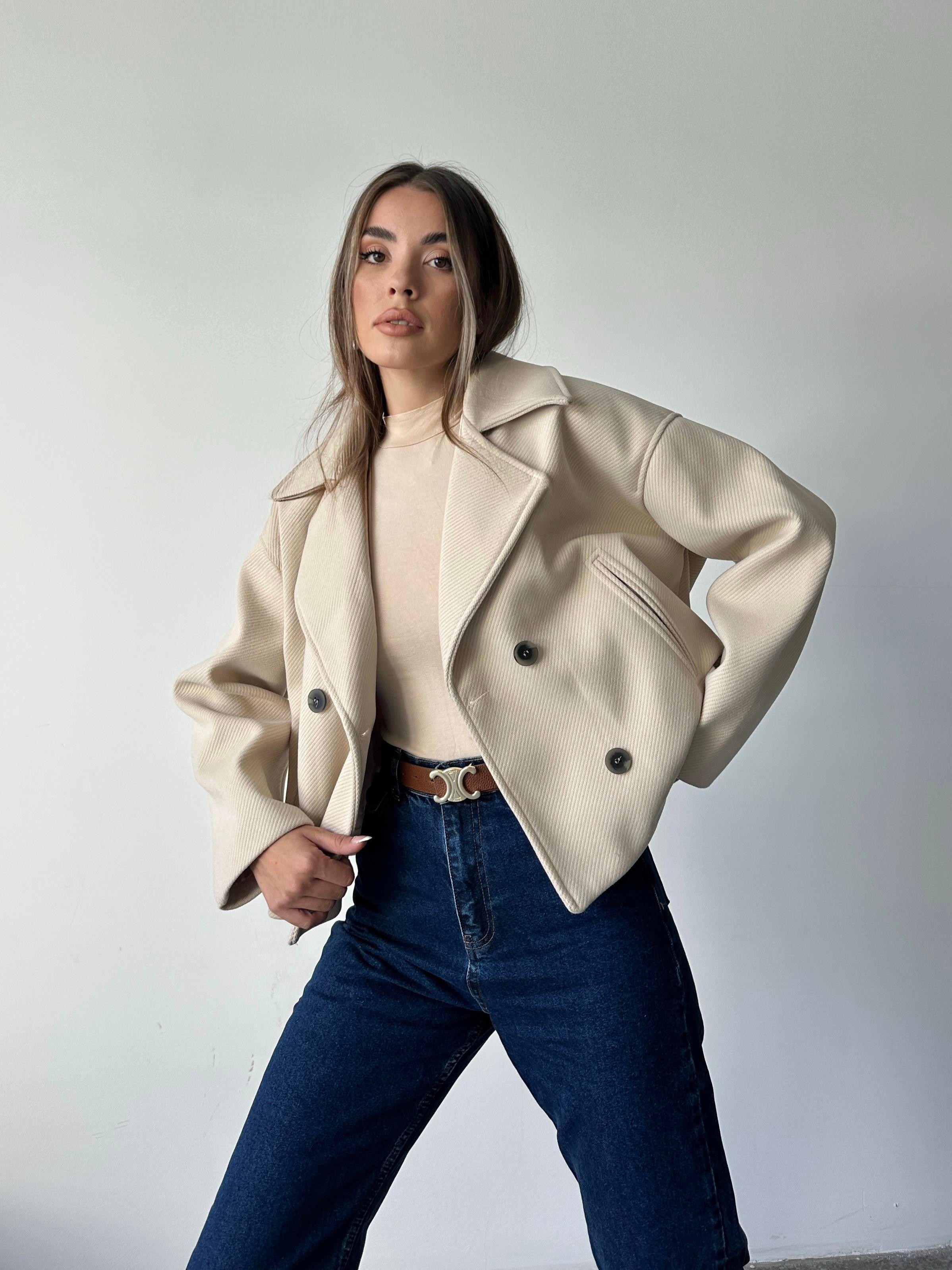 Düğmeli Oversize Kaban Ekru
