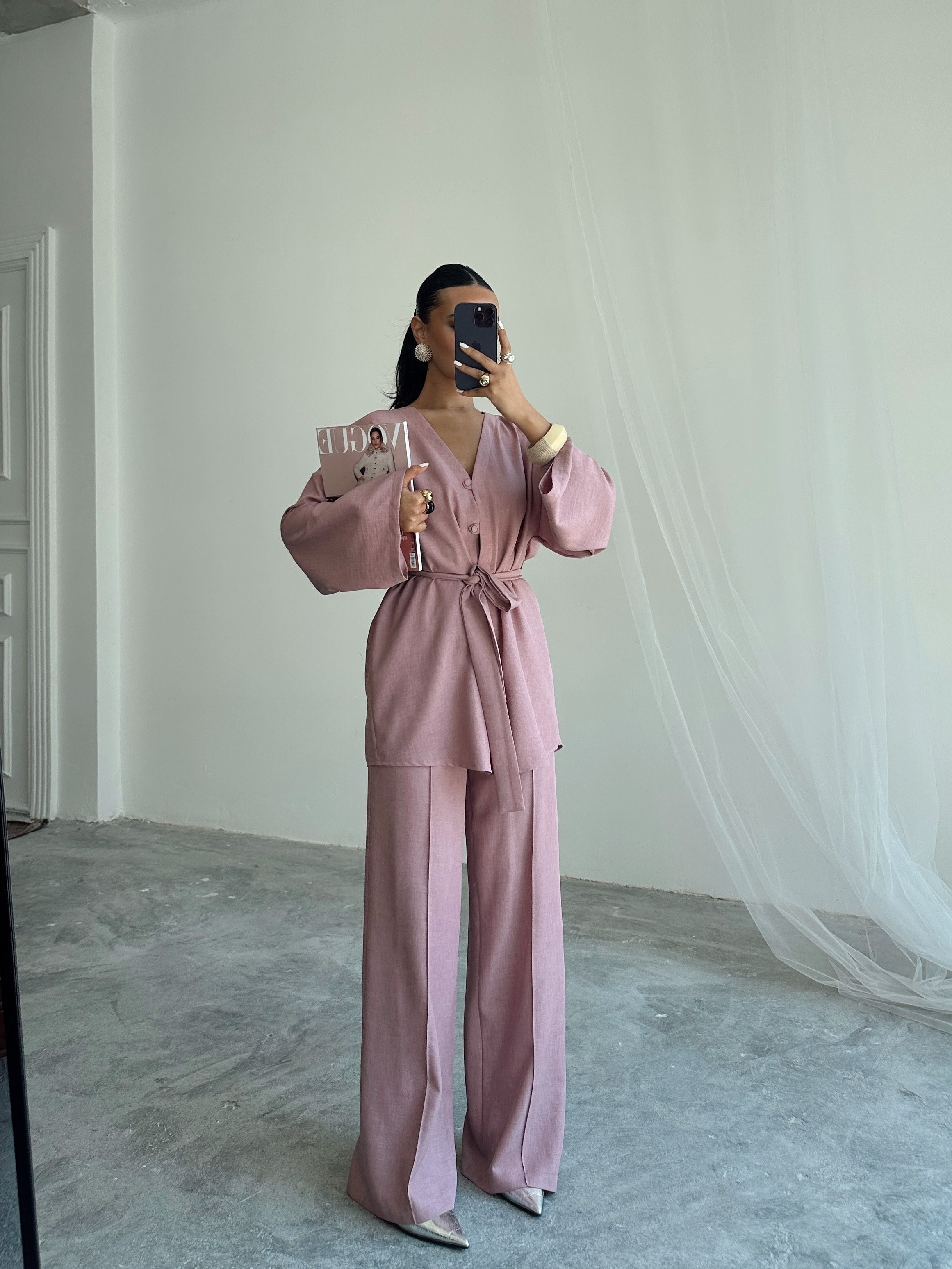 Düğme Detay Kuşaklı Kimono Takım - Pudra Pembe