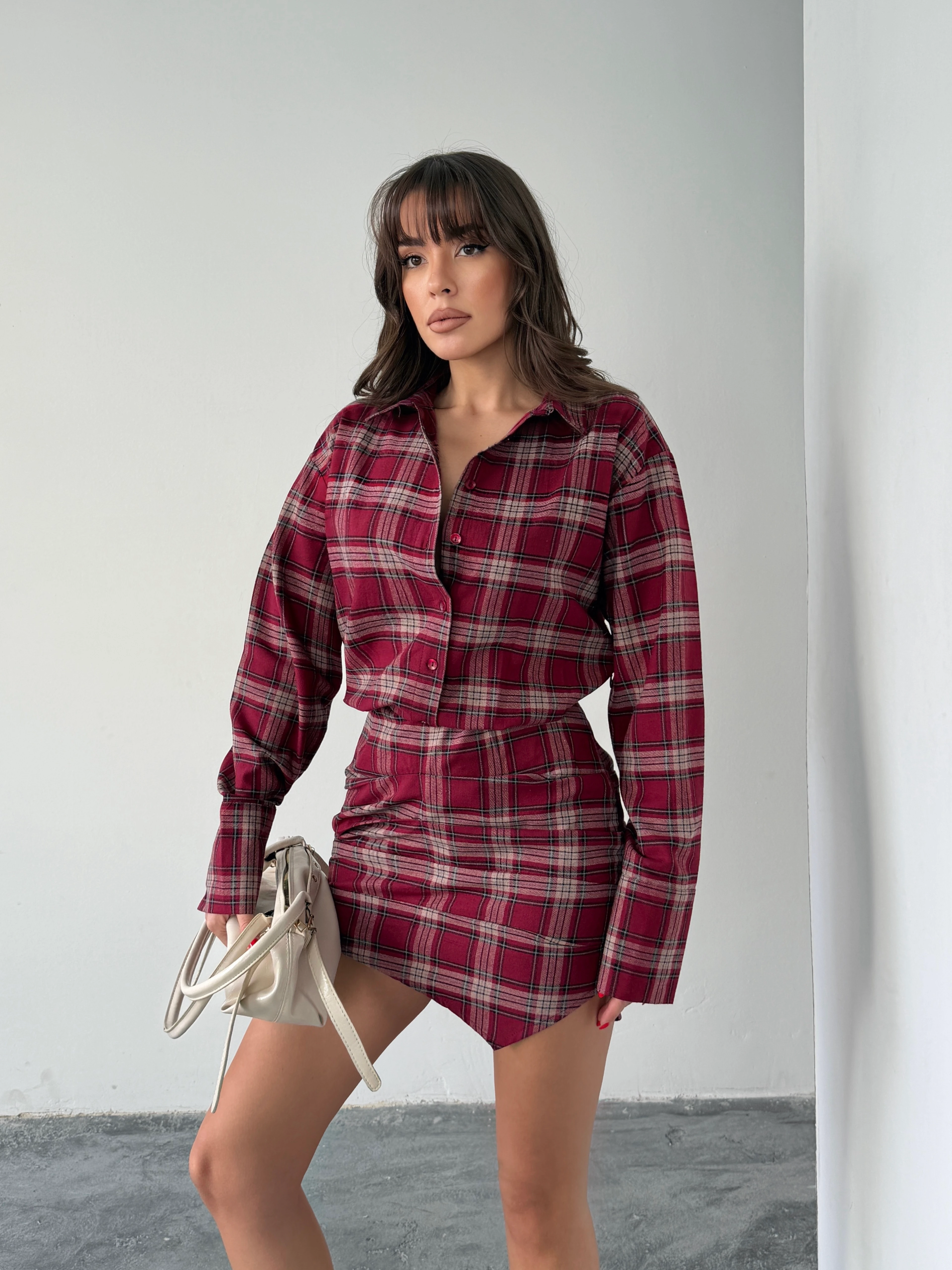Ekose Gömlek Elbise  - Bordo