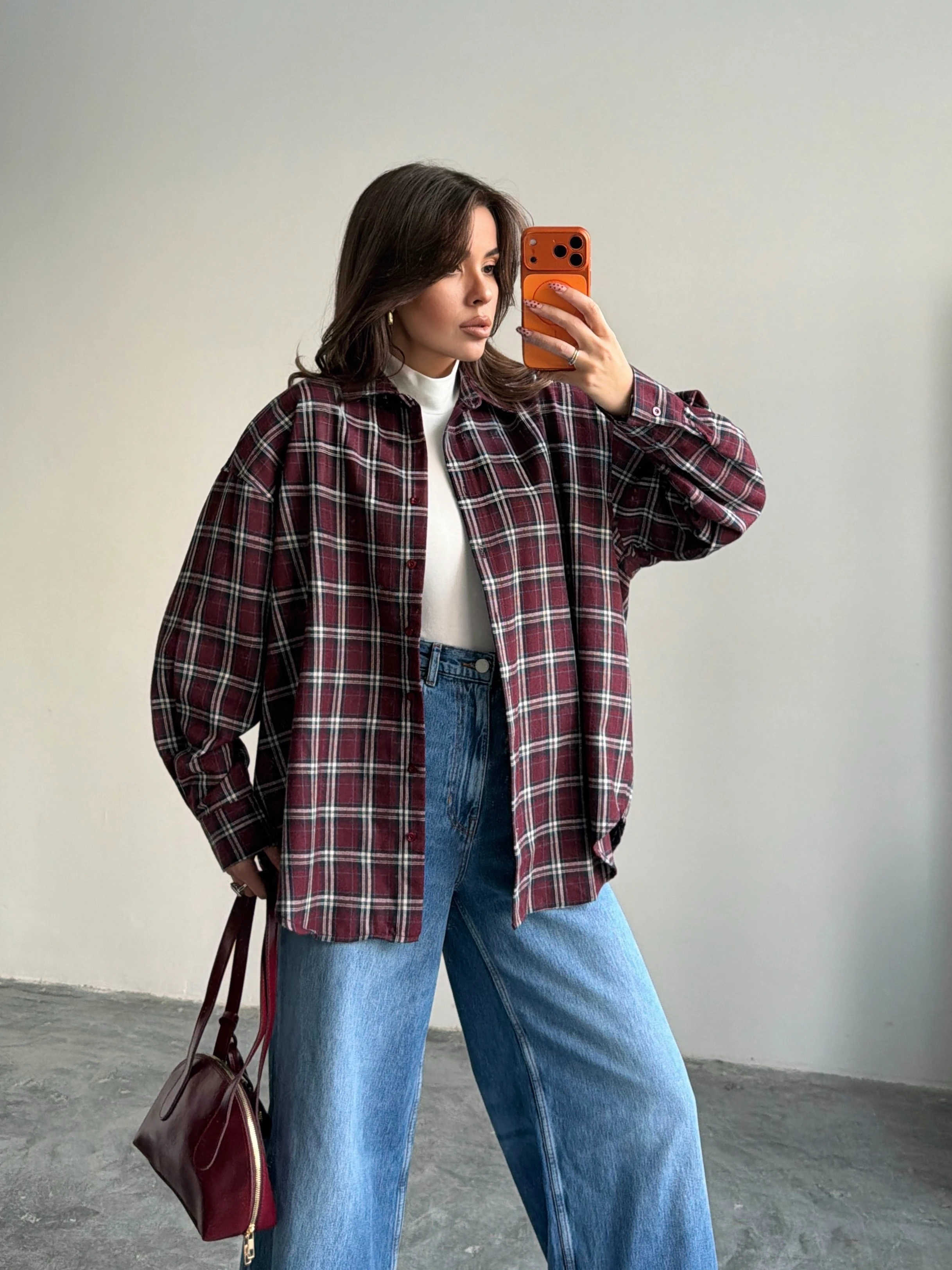 Kareli Oversize Gömlek - Bordo