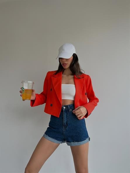 Düğmeli Kruvaze Crop Blazer Ceket Lila