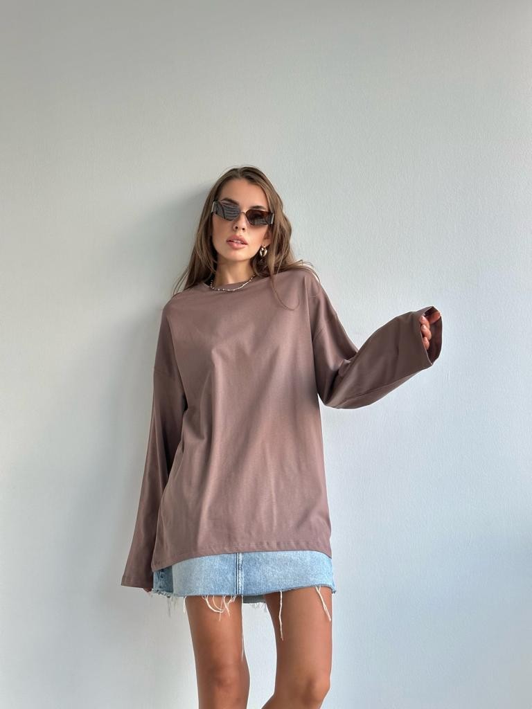 Pamuklu Uzun Kollu Oversize Tshirt Sütlü Kahve
