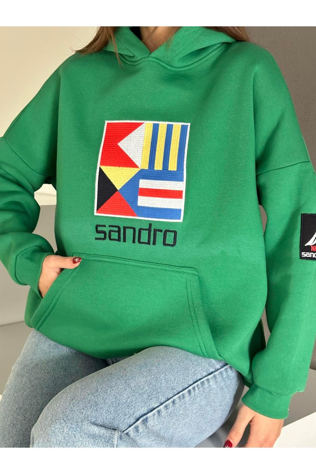 Sandro Kabartma İşleme Oversize 3 İplik Sweatshirt Yeşil