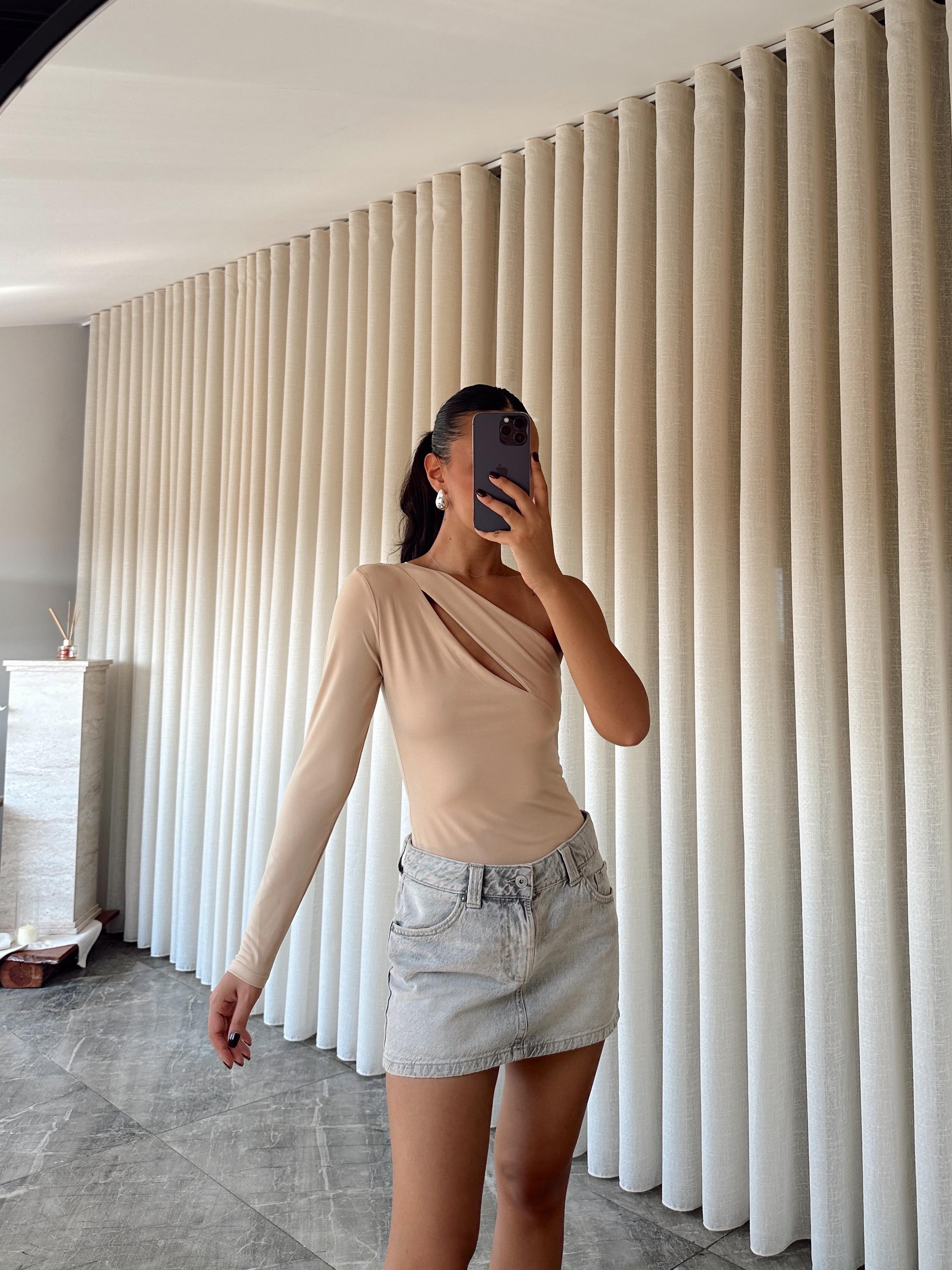 Sabrina Tek Kol Bodysuit Bej
