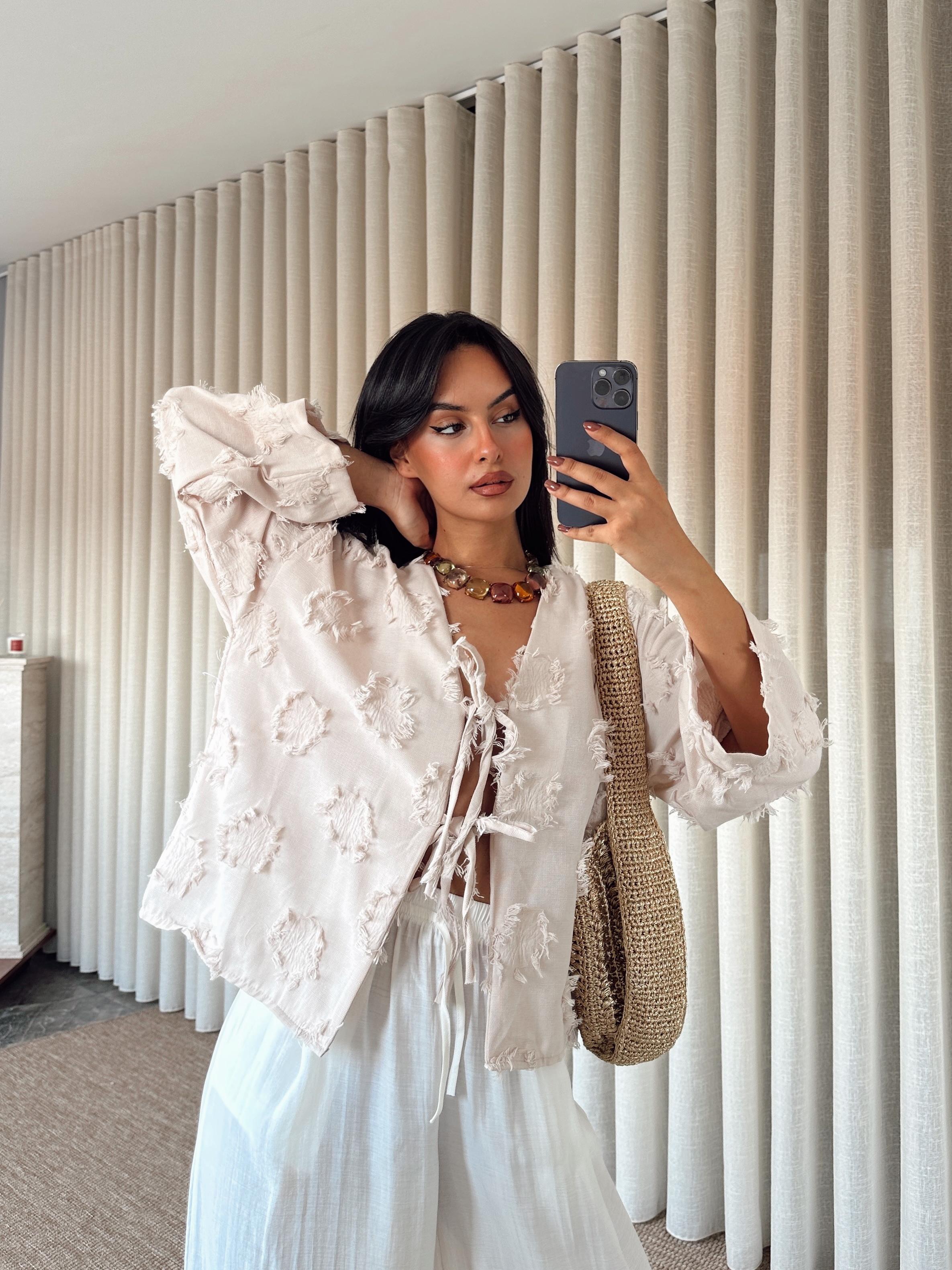 Püskül Detaylı Bağlamalı Kimono - Bej