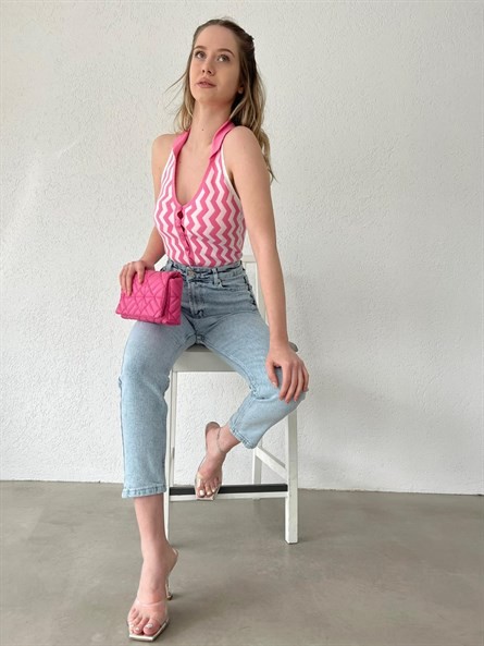 Polo Yaka Düğmeli Triko Bluz Pembe