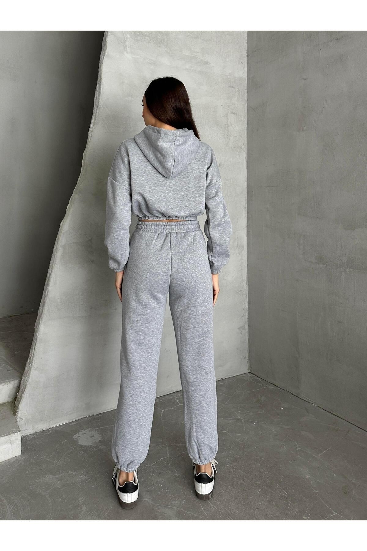 Kapüşonlu Crop Sweat Jogger Eşofman Takım Gri