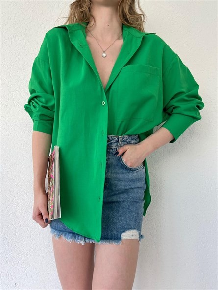 Sırt Düğme Detay Oversize Gömlek Koyu Yeşil